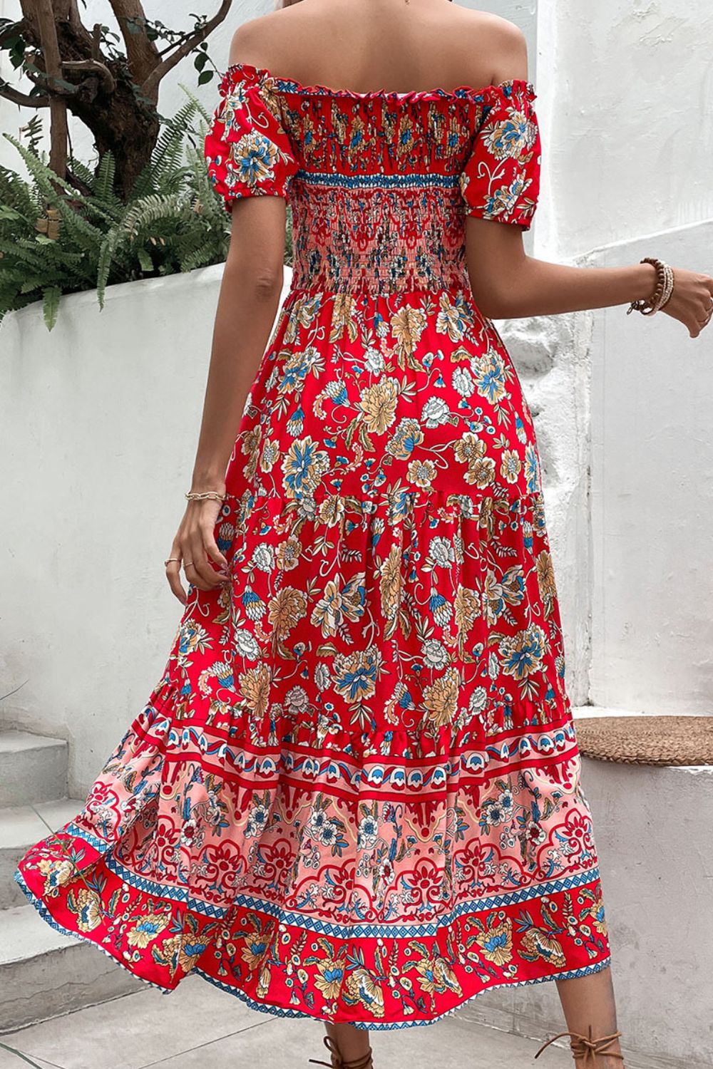 Floral Off-Shoulder Smocked Midi Dress - Premium Boho Dress from Trendsi - Just $40.00! Shop now at Nepsera Collection
