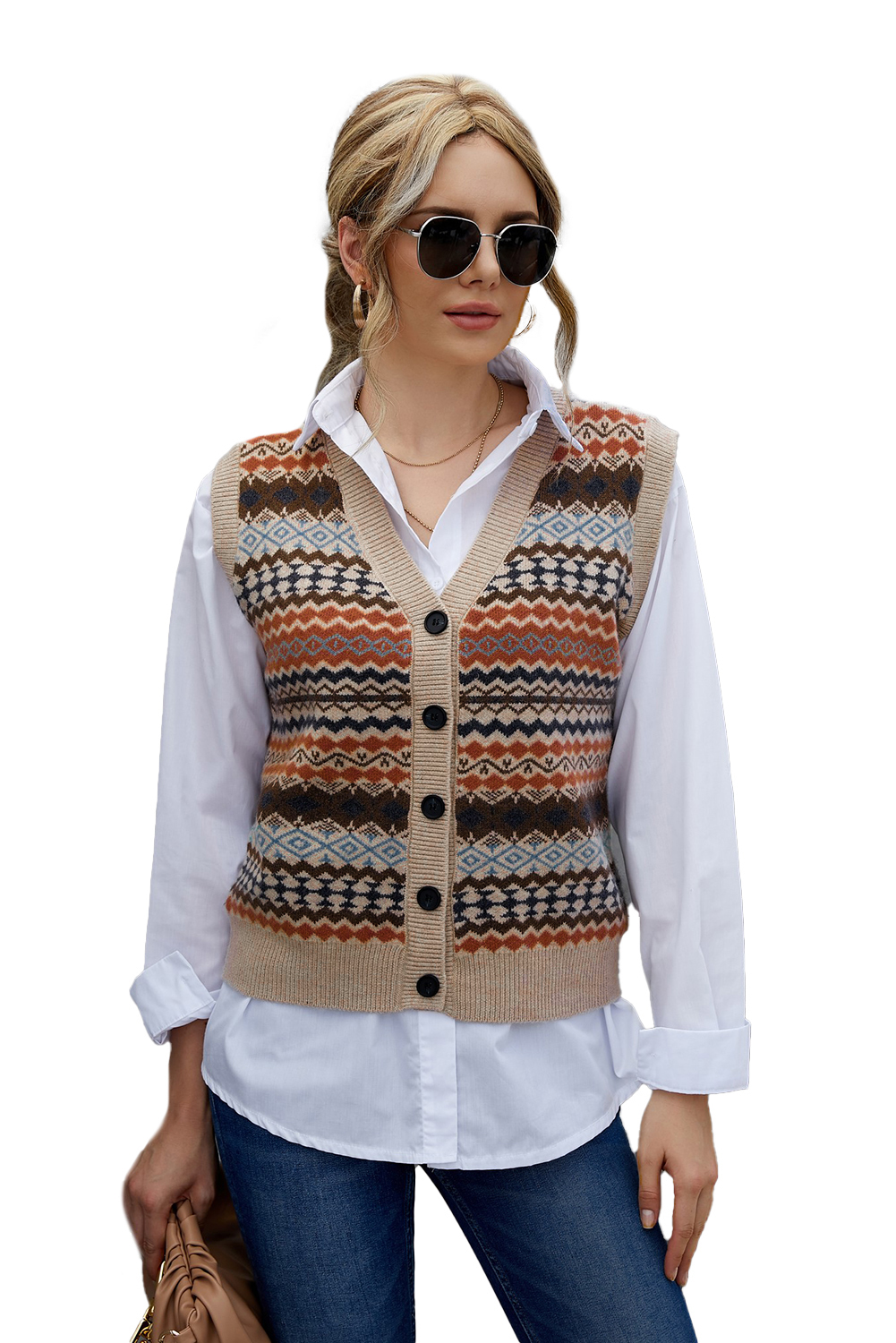 Khaki Geometric Print Buttoned V Neck Sweater Vest - Premium Sweaters from Nepsera Collection - Just $26.02! Shop now at Nepsera Collection