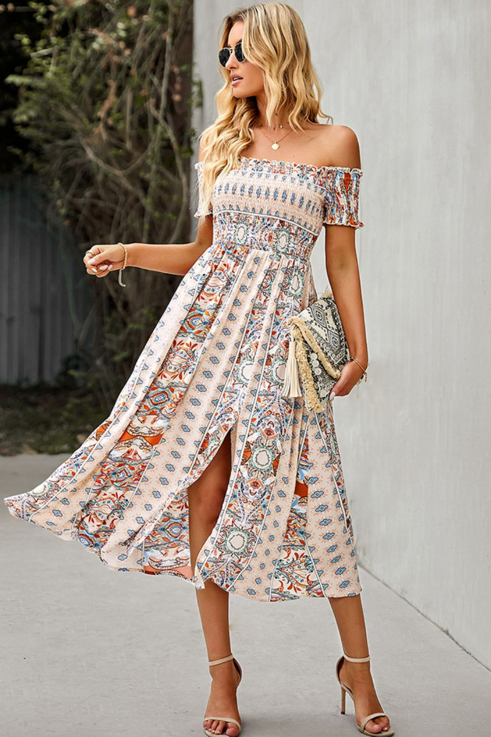 Bohemian Off-Shoulder Frill Trim Split Dress - Premium Boho Dress from Nepsera Collection - Just $30.00! Shop now at Nepsera Collection