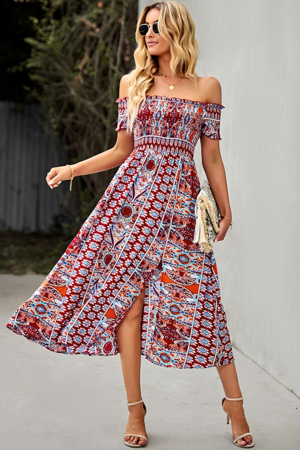 Bohemian Off-Shoulder Frill Trim Split Dress - Premium Boho Dress from Nepsera Collection - Just $30.00! Shop now at Nepsera Collection
