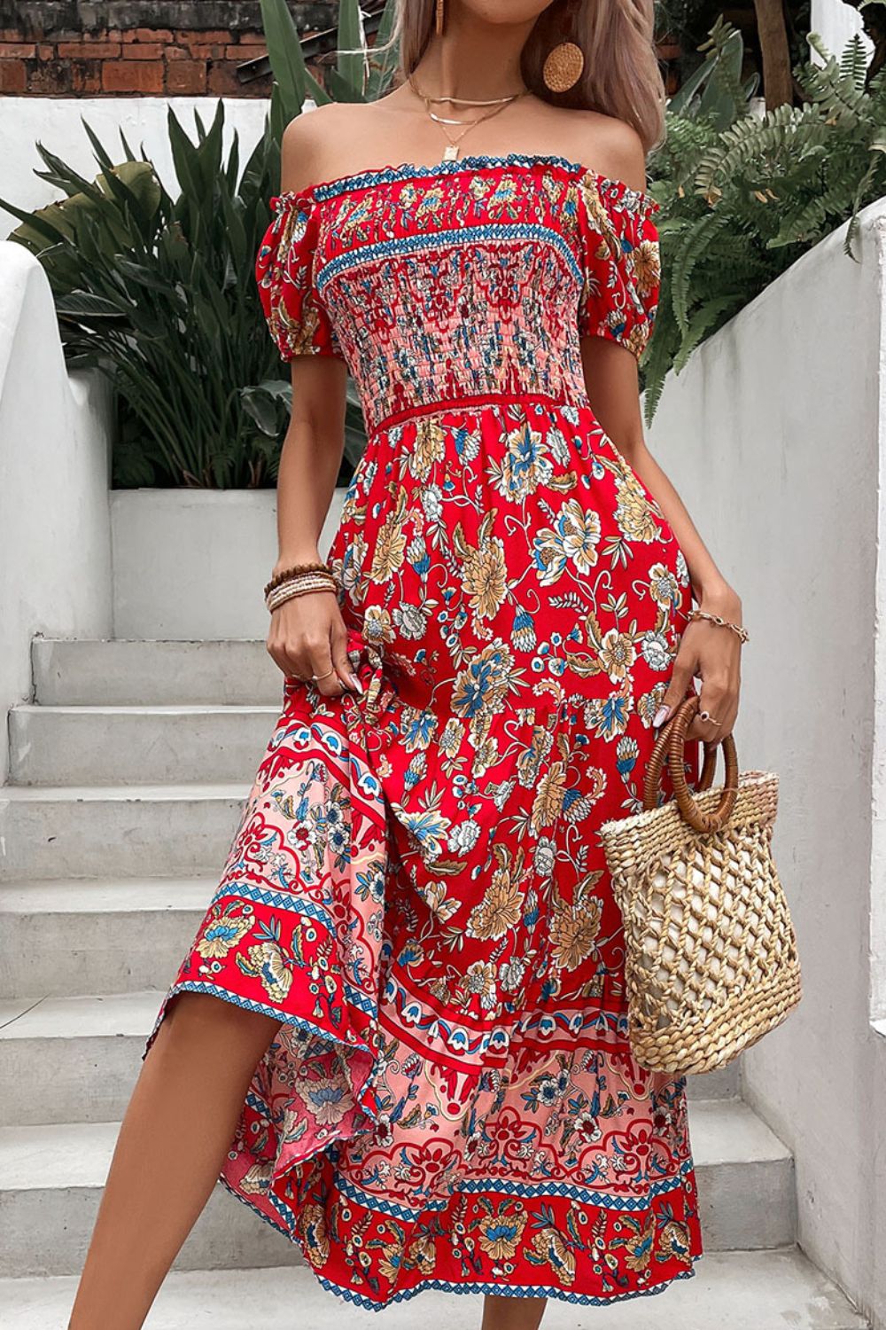 Floral Off-Shoulder Smocked Midi Dress - Premium Boho Dress from Trendsi - Just $40.00! Shop now at Nepsera Collection