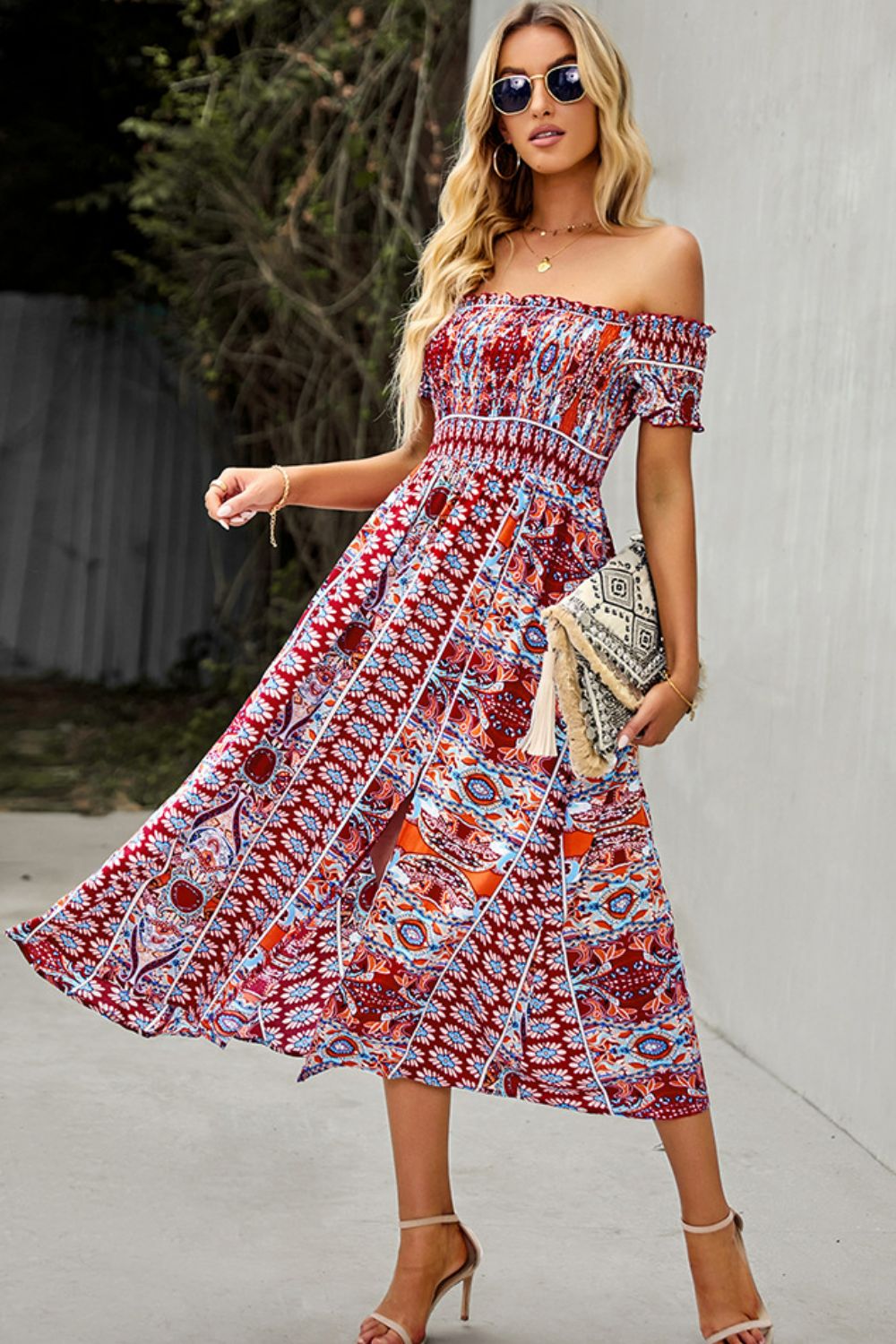Bohemian Off-Shoulder Frill Trim Split Dress - Premium Boho Dress from Nepsera Collection - Just $30.00! Shop now at Nepsera Collection
