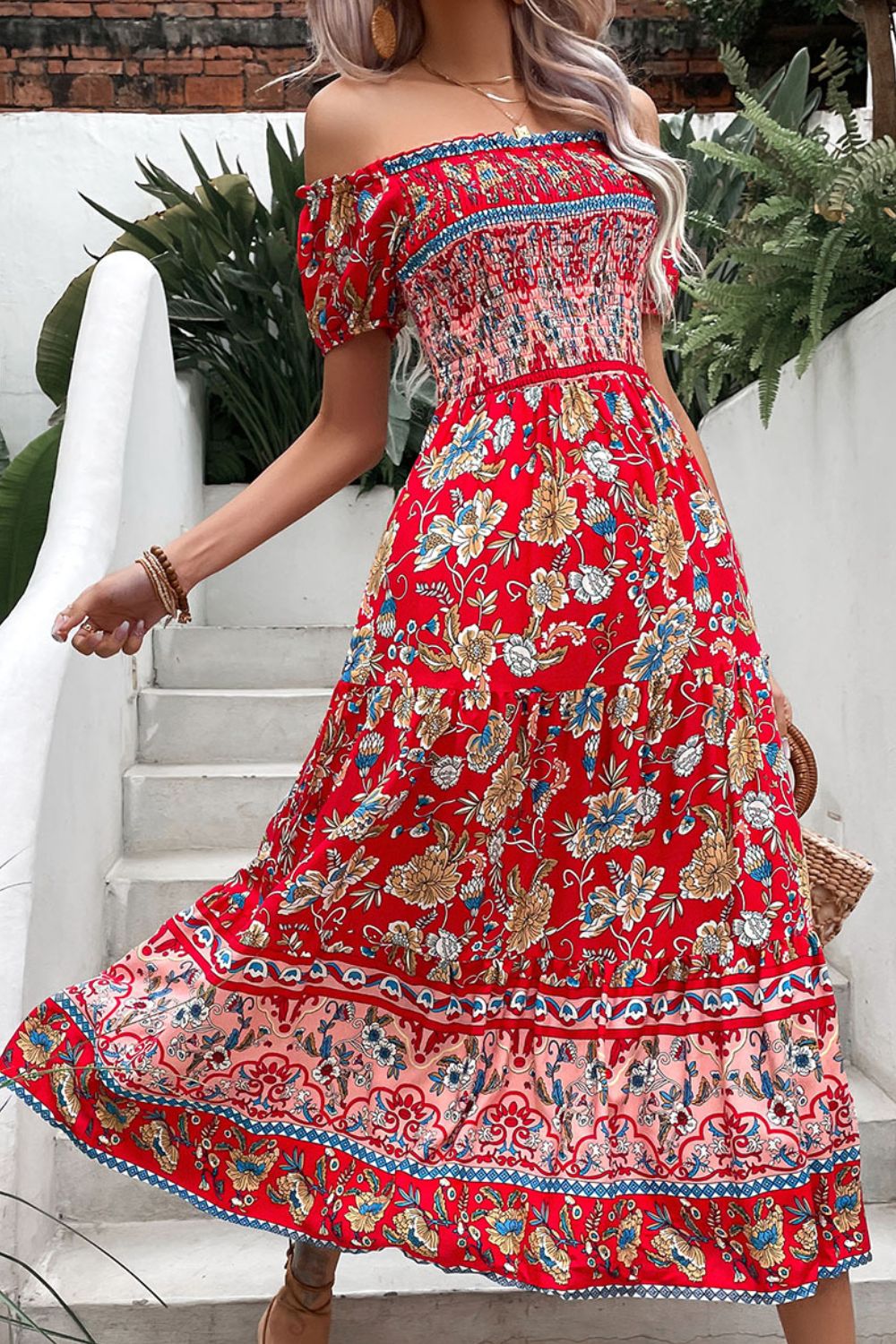 Floral Off-Shoulder Smocked Midi Dress - Premium Boho Dress from Trendsi - Just $40.00! Shop now at Nepsera Collection