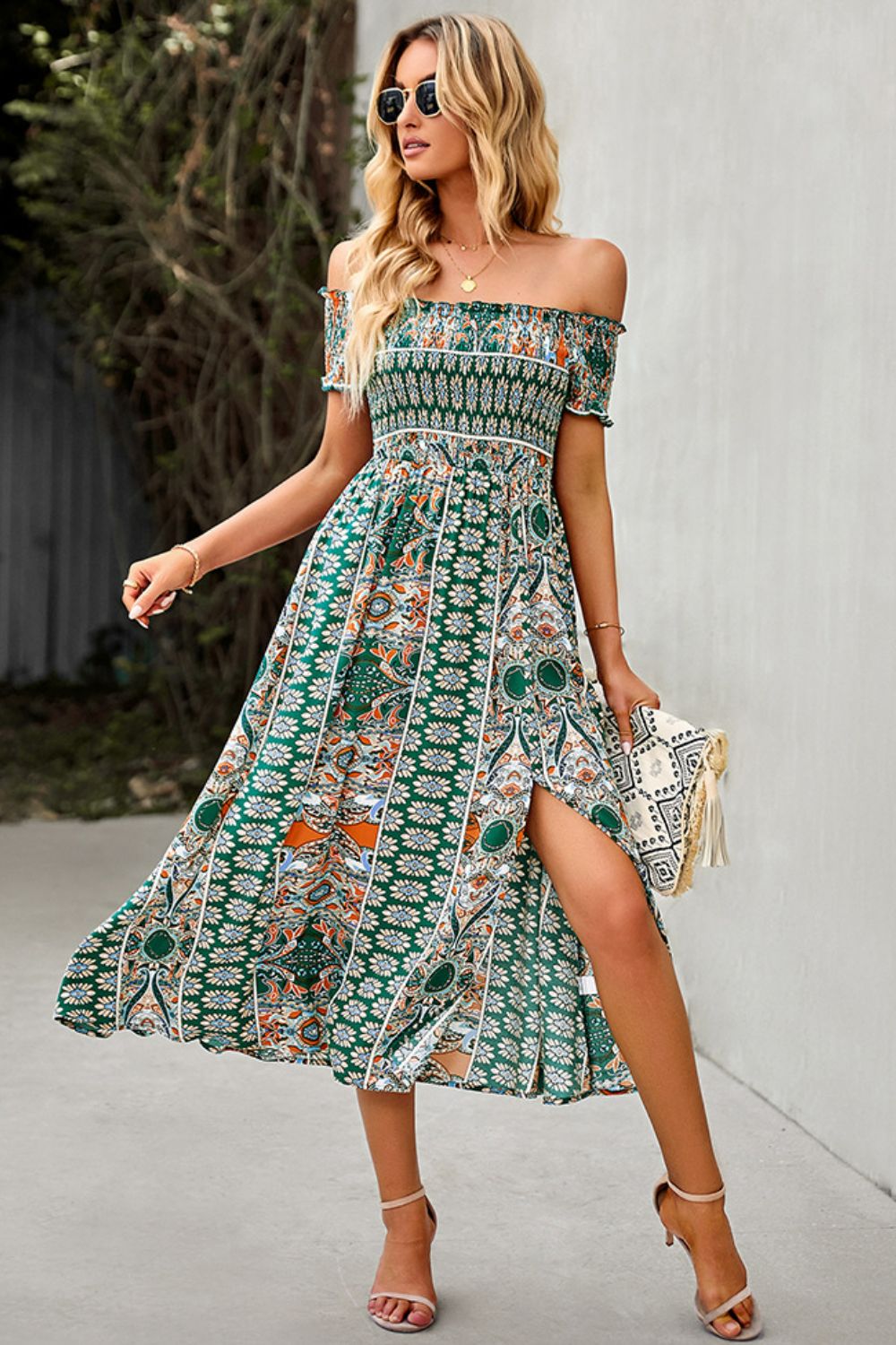 Bohemian Off-Shoulder Frill Trim Split Dress - Premium Boho Dress from Nepsera Collection - Just $30.00! Shop now at Nepsera Collection