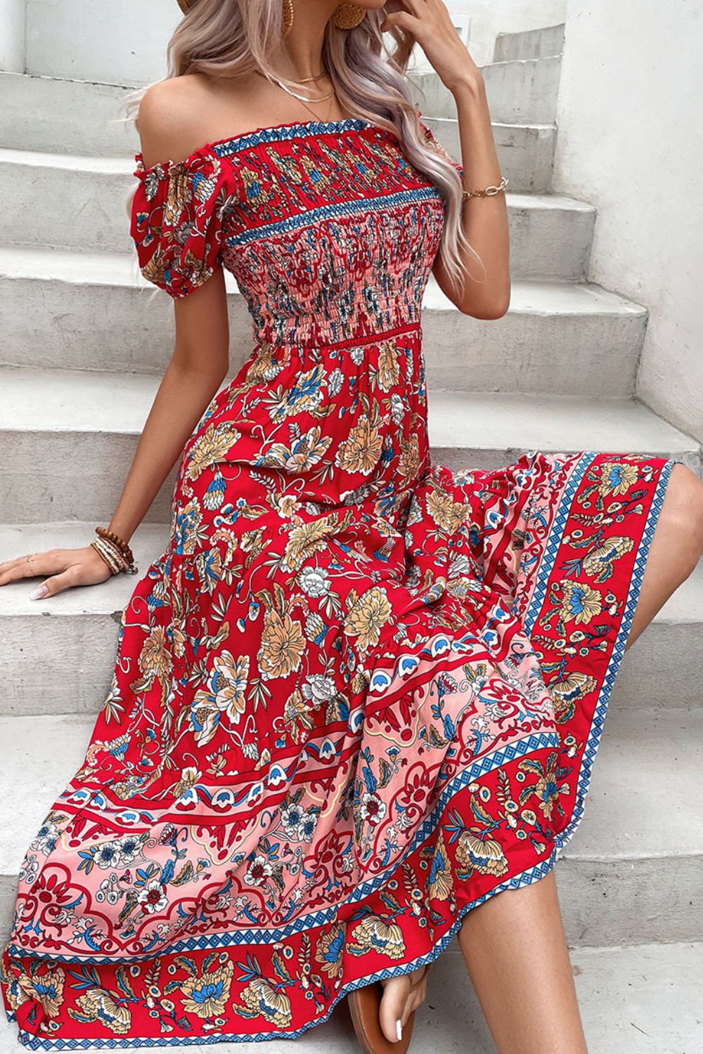 Floral Off-Shoulder Smocked Midi Dress - Premium Boho Dress from Trendsi - Just $40.00! Shop now at Nepsera Collection