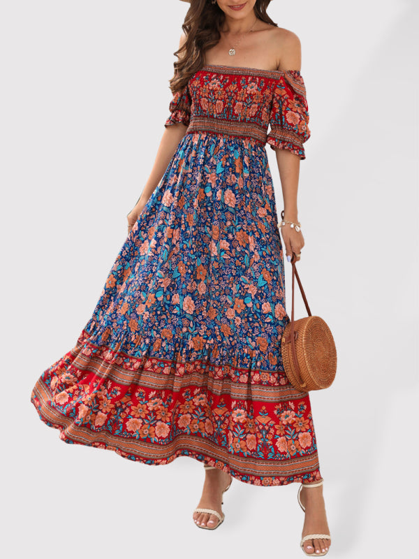 Boho Beach Vacation Dress Off-Shoulder Puff Sleeve Floral Midi Dress - Premium Boho Dress from Nepsera Collection - Just $22.03! Shop now at Nepsera Collection