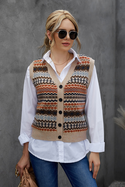 Khaki Geometric Print Buttoned V Neck Sweater Vest - Premium Sweaters from Nepsera Collection - Just $26.02! Shop now at Nepsera Collection