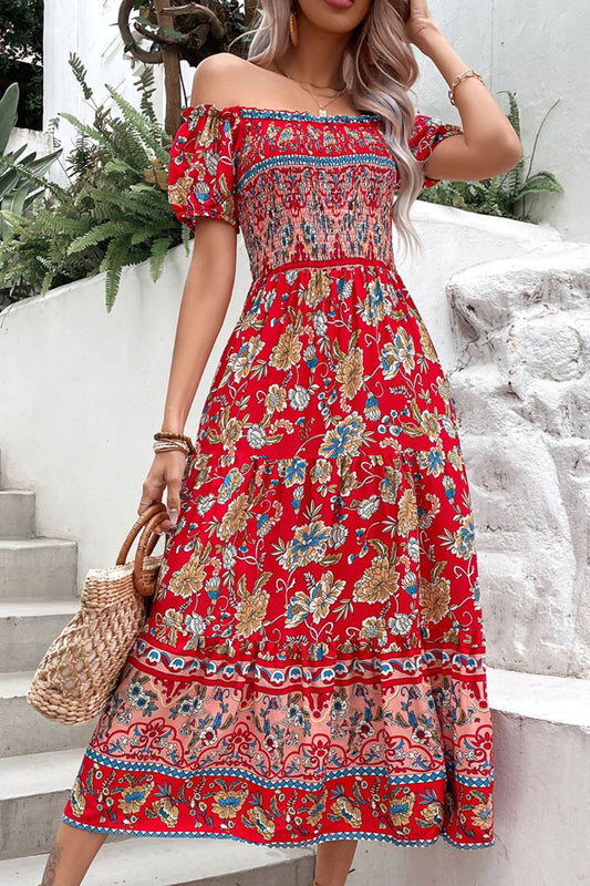 Floral Off-Shoulder Smocked Midi Dress - Premium Boho Dress from Trendsi - Just $40.00! Shop now at Nepsera Collection