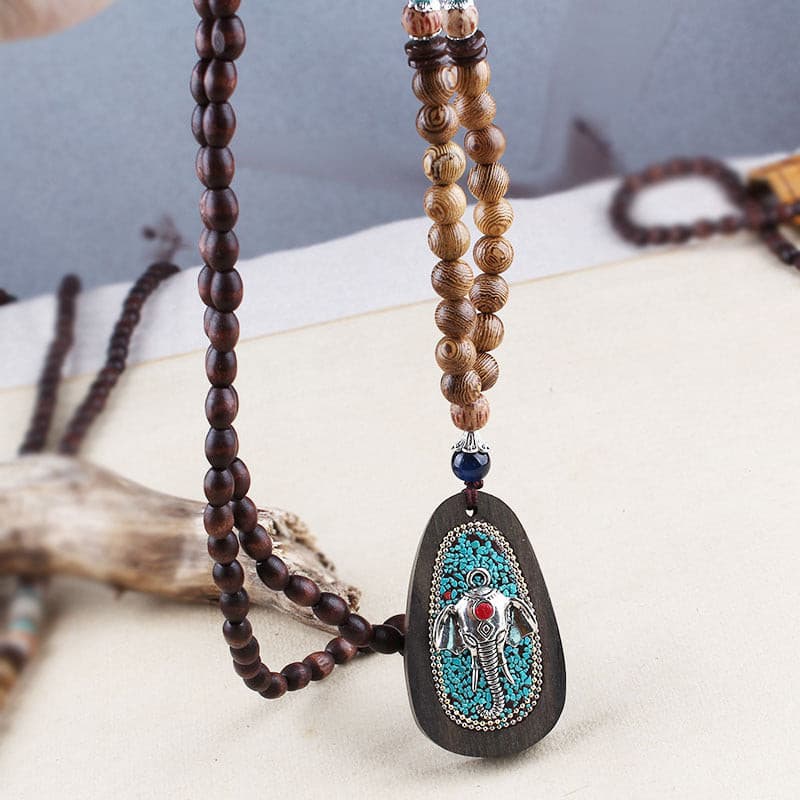 Crystal Natural Wooden Beads Faux Turquoise Decor Necklace - Temu