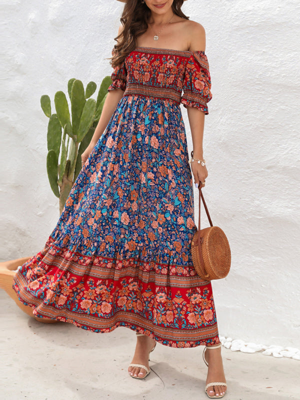 Boho Beach Vacation Dress Off-Shoulder Puff Sleeve Floral Midi Dress - Premium Boho Dress from Nepsera Collection - Just $22.03! Shop now at Nepsera Collection