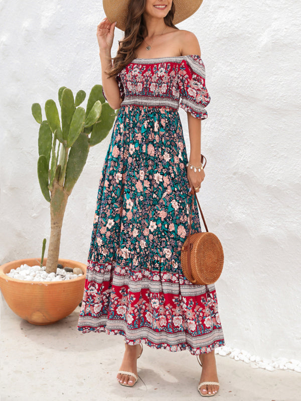 Boho Beach Vacation Dress Off-Shoulder Puff Sleeve Floral Midi Dress - Premium Boho Dress from Nepsera Collection - Just $22.03! Shop now at Nepsera Collection