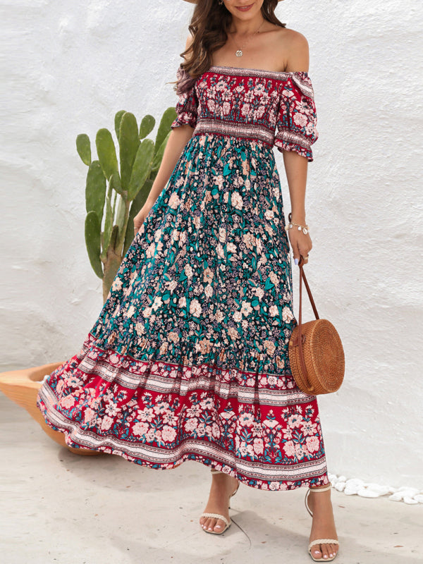 Boho Beach Vacation Dress Off-Shoulder Puff Sleeve Floral Midi Dress - Premium Boho Dress from Nepsera Collection - Just $22.03! Shop now at Nepsera Collection